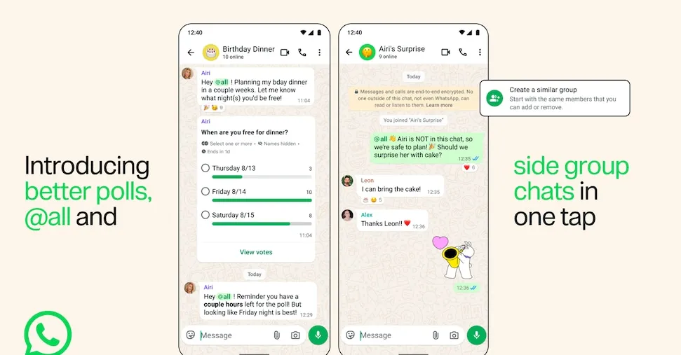 WhatsApp aggiorna i gruppi: arriva @tutti e i sondaggi diventano più intelligenti