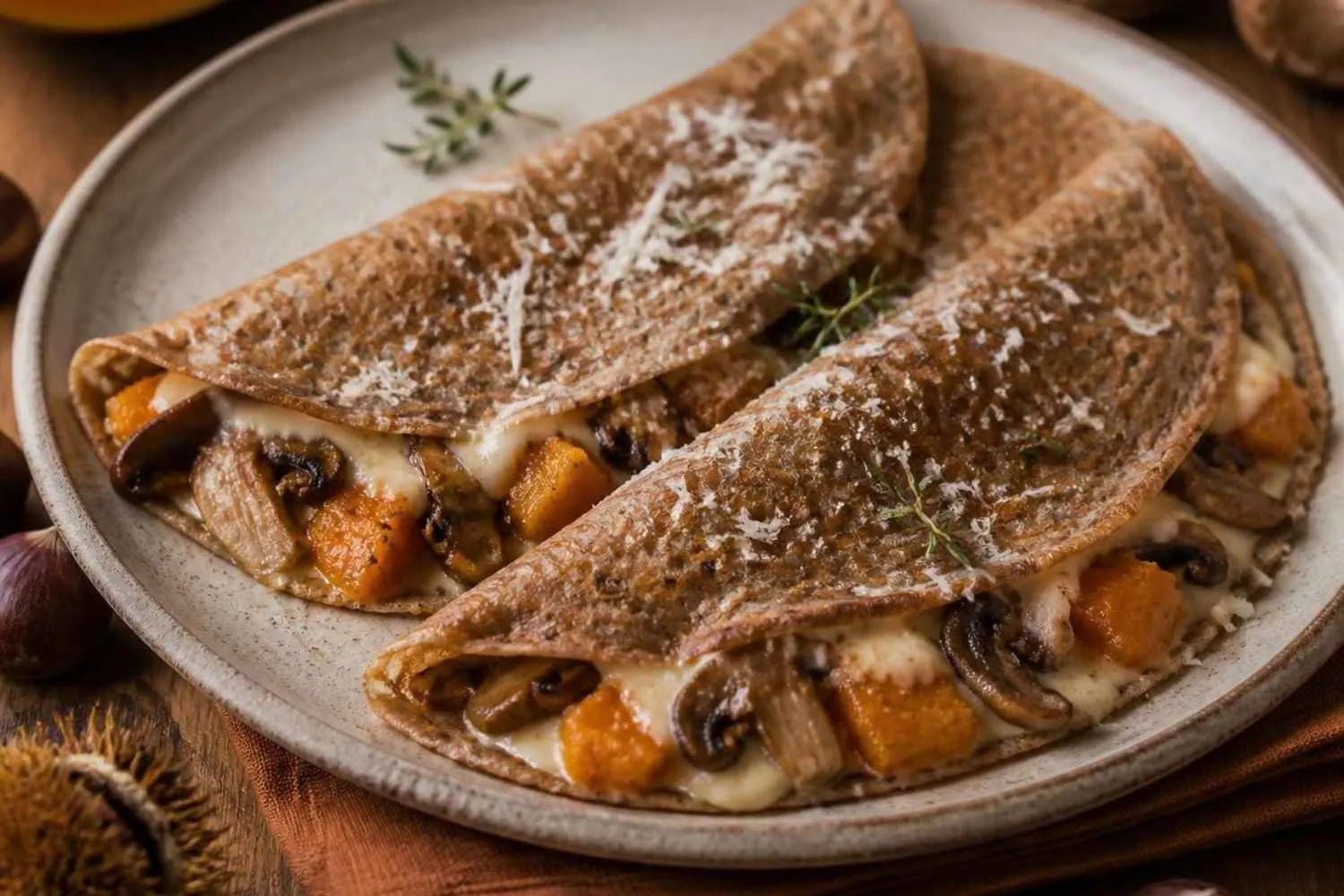 Crespelle con farina di castagne ripiene di zucca e funghi: la ricetta autunnale da salvare subito