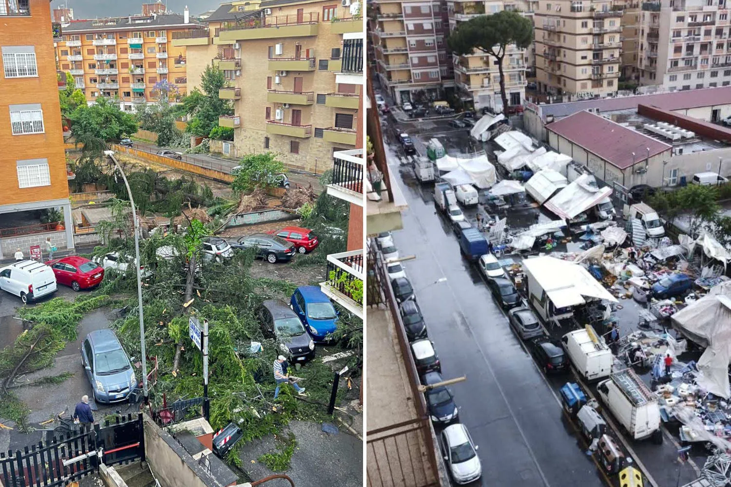 Tromba d’aria si abbatte su Roma, sradicando alberi e devastando auto e un mercato rionale: le immagini del disastro