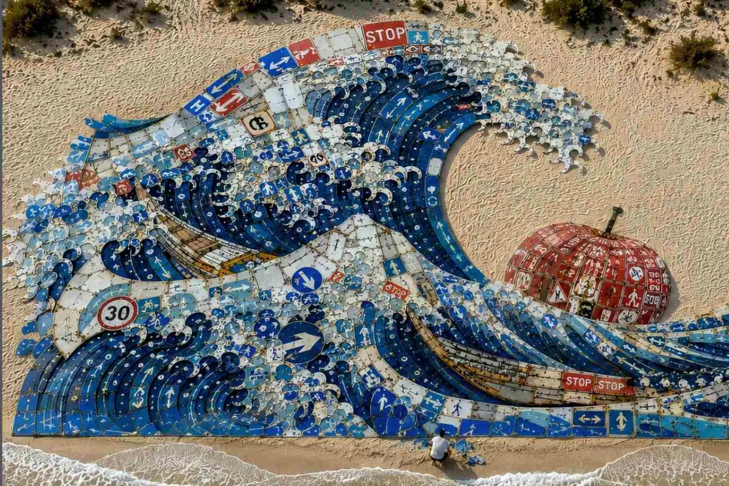 Questo artista ha ricreato in una spiaggia sarda la Grande Onda di Hokusai con mille cartelli stradali dismessi